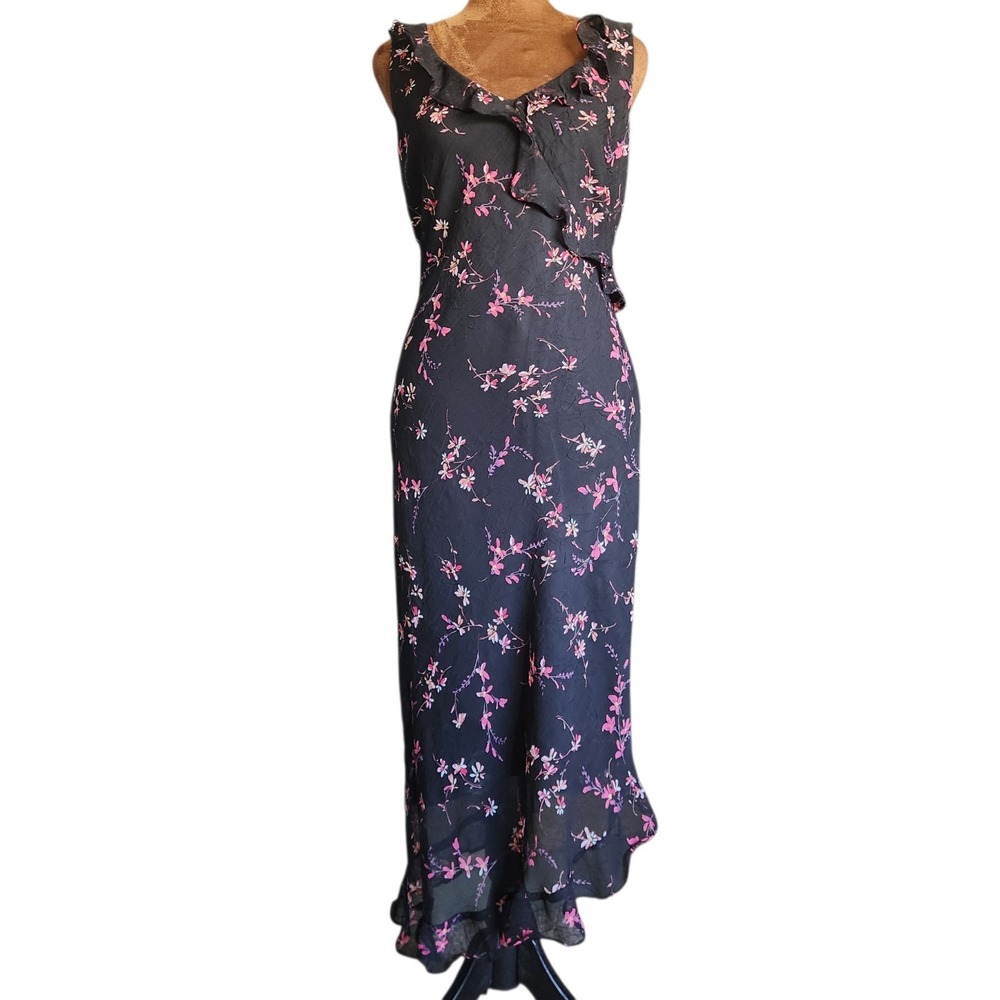 VTG 90s Womens Y2K Dress Crinkle Floral Midi Dress Sz 11/12 Dark Romantic Ruffle